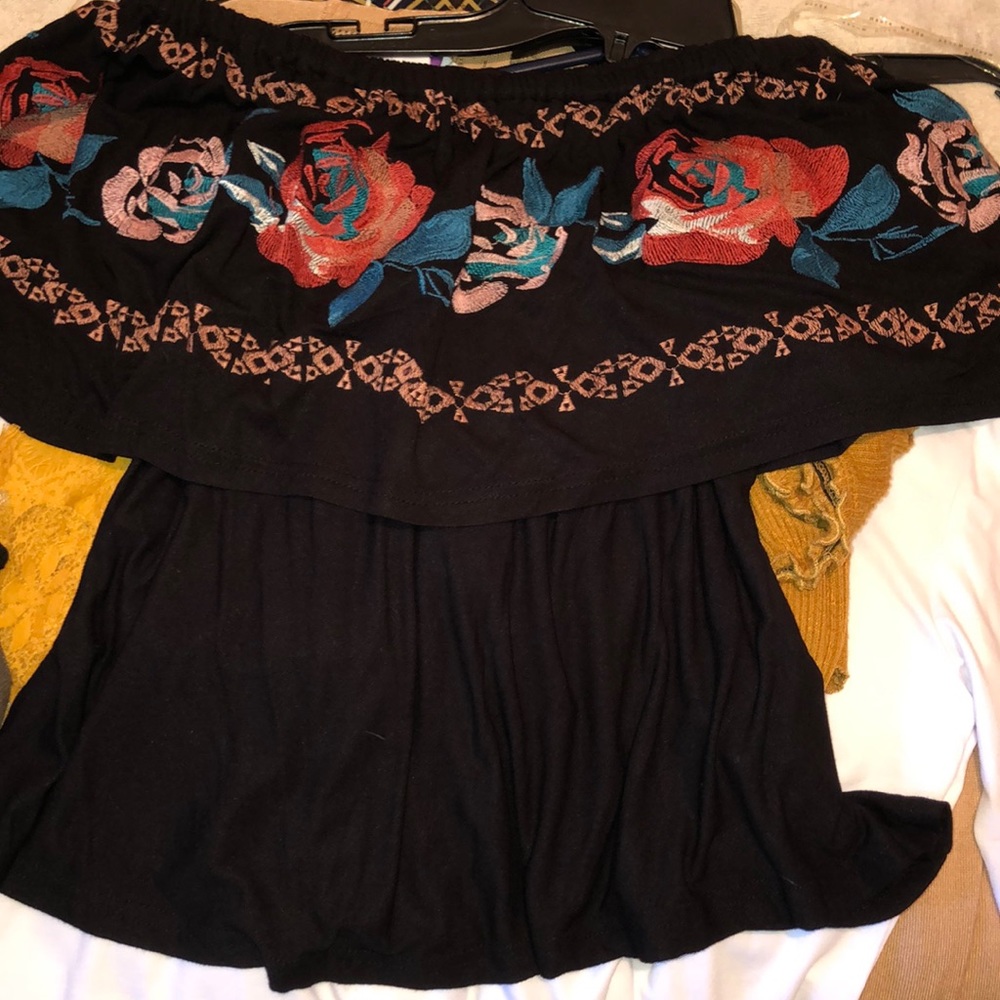 Black and roses off the shoulder top